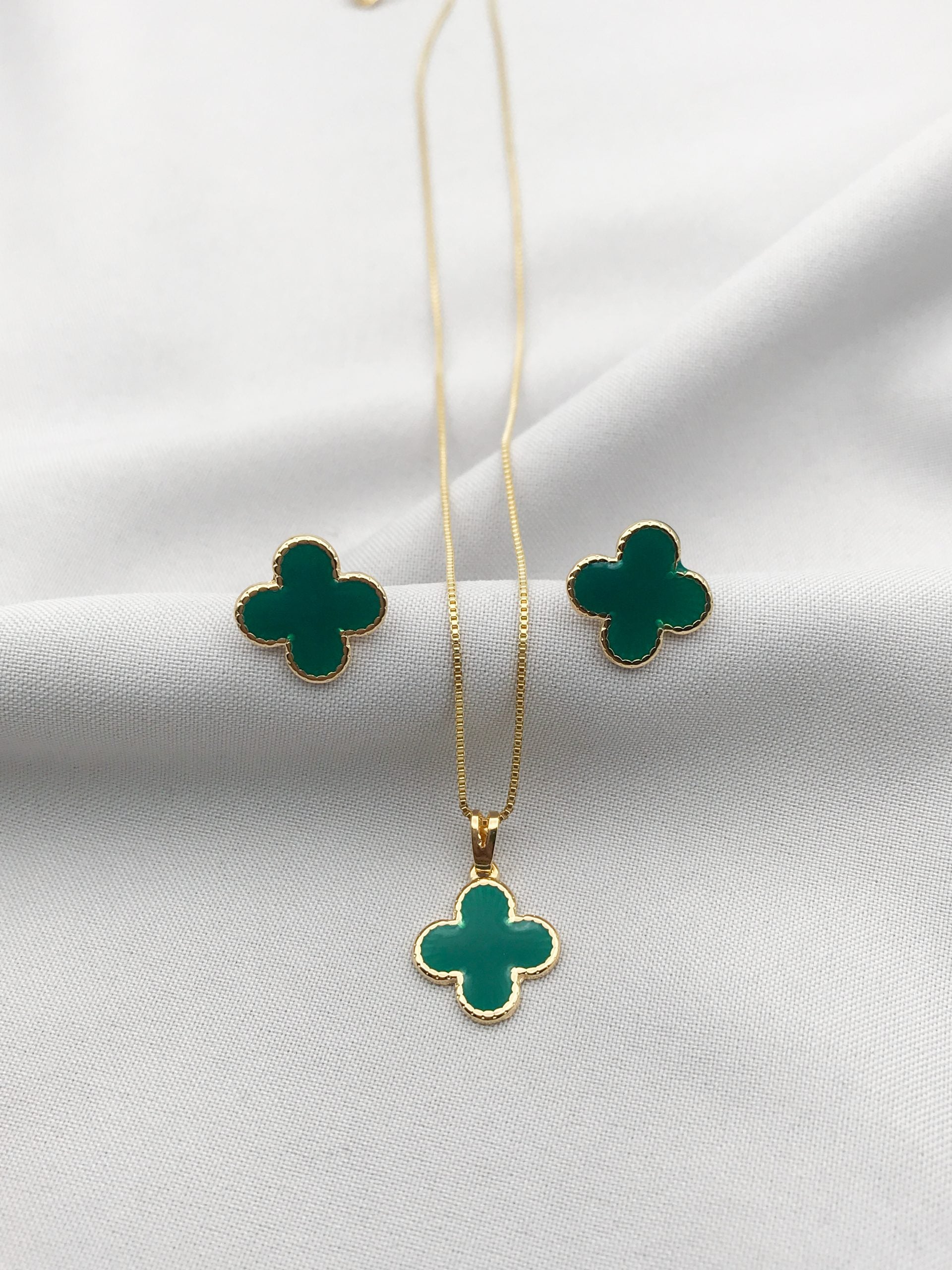 18K gold-plated earrings and necklace set features the symbolic Green Four-Leaf Clover design