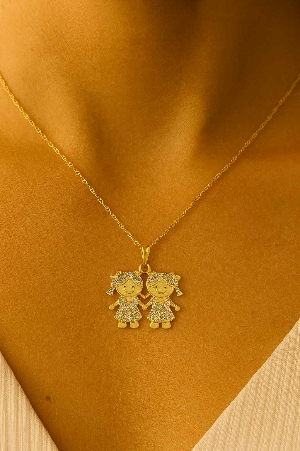 18K gold-plated necklace set features a symbolic Two Girls Pendant design.