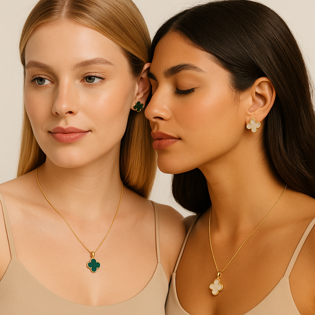 18K gold-plated earrings and necklace set features the symbolic Green Four-Leaf Clover design