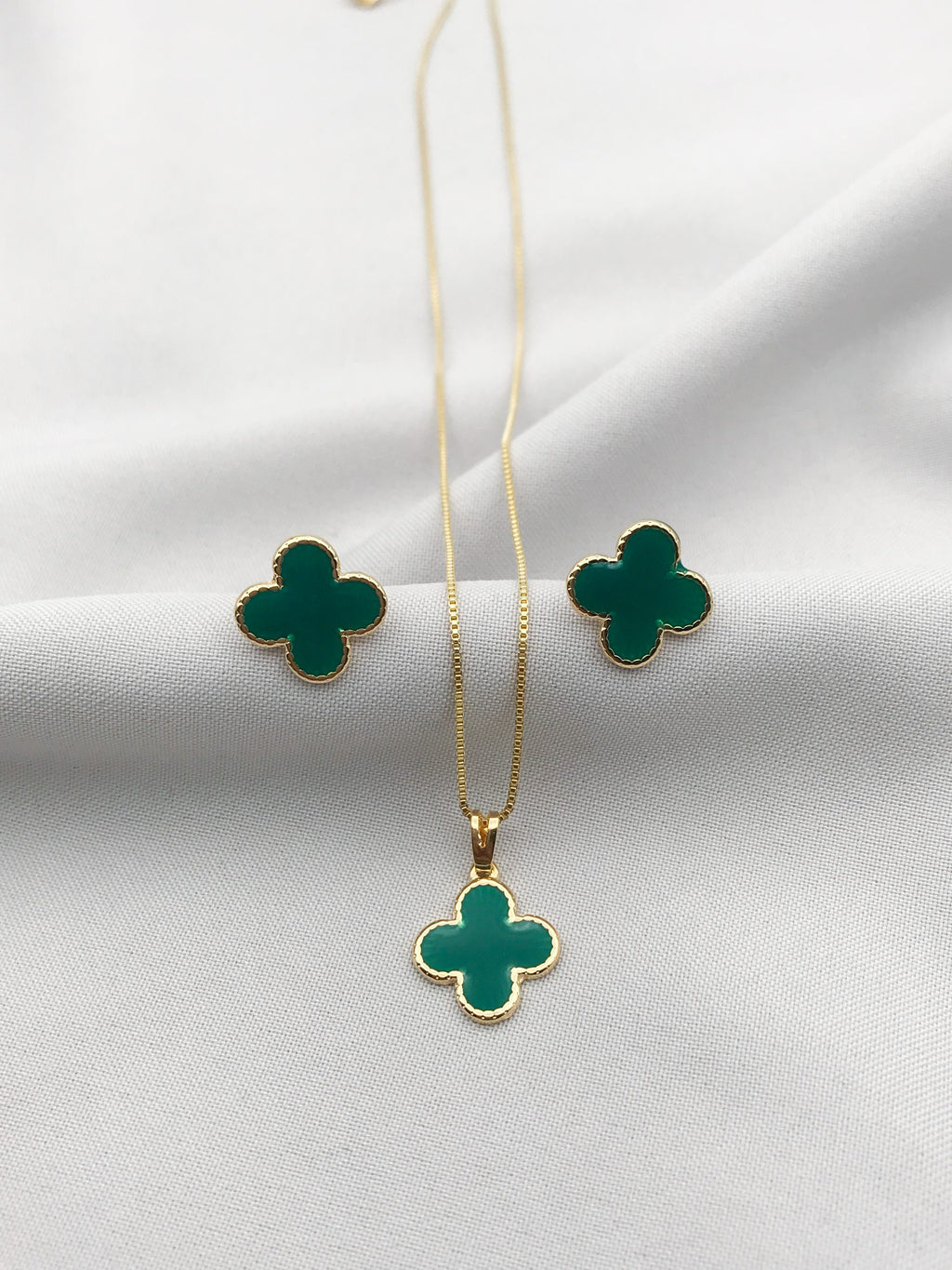 18K gold-plated earrings and necklace set features the symbolic Green Four-Leaf Clover design